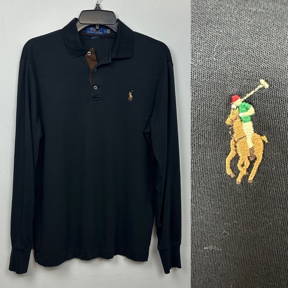 Polo Ralph Lauren Black Long Sleeve Embroidered Pony Polo Shirt Sz S